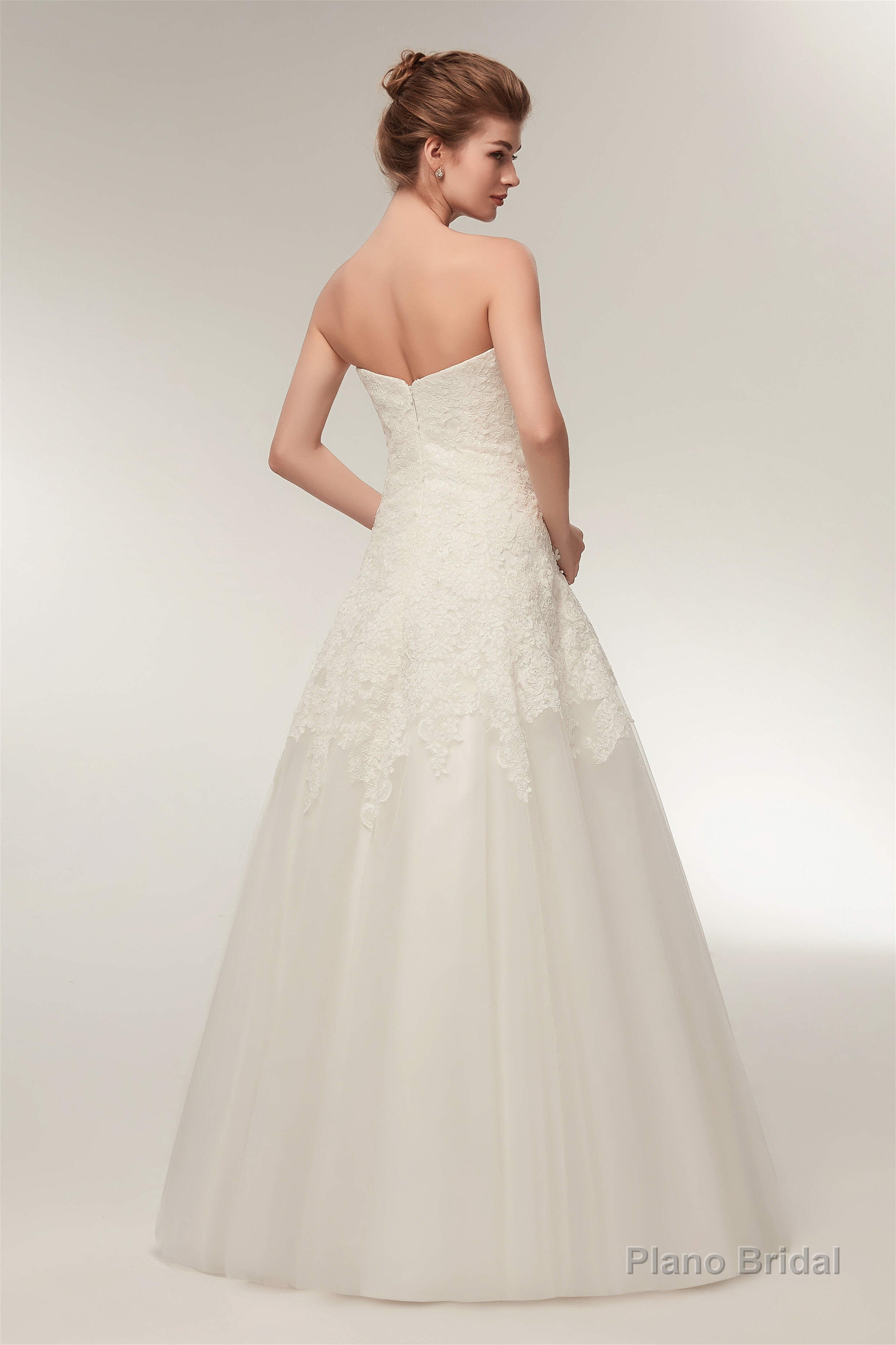 A Line Strapless Ivory Lace Floor Length Wedding Dresses