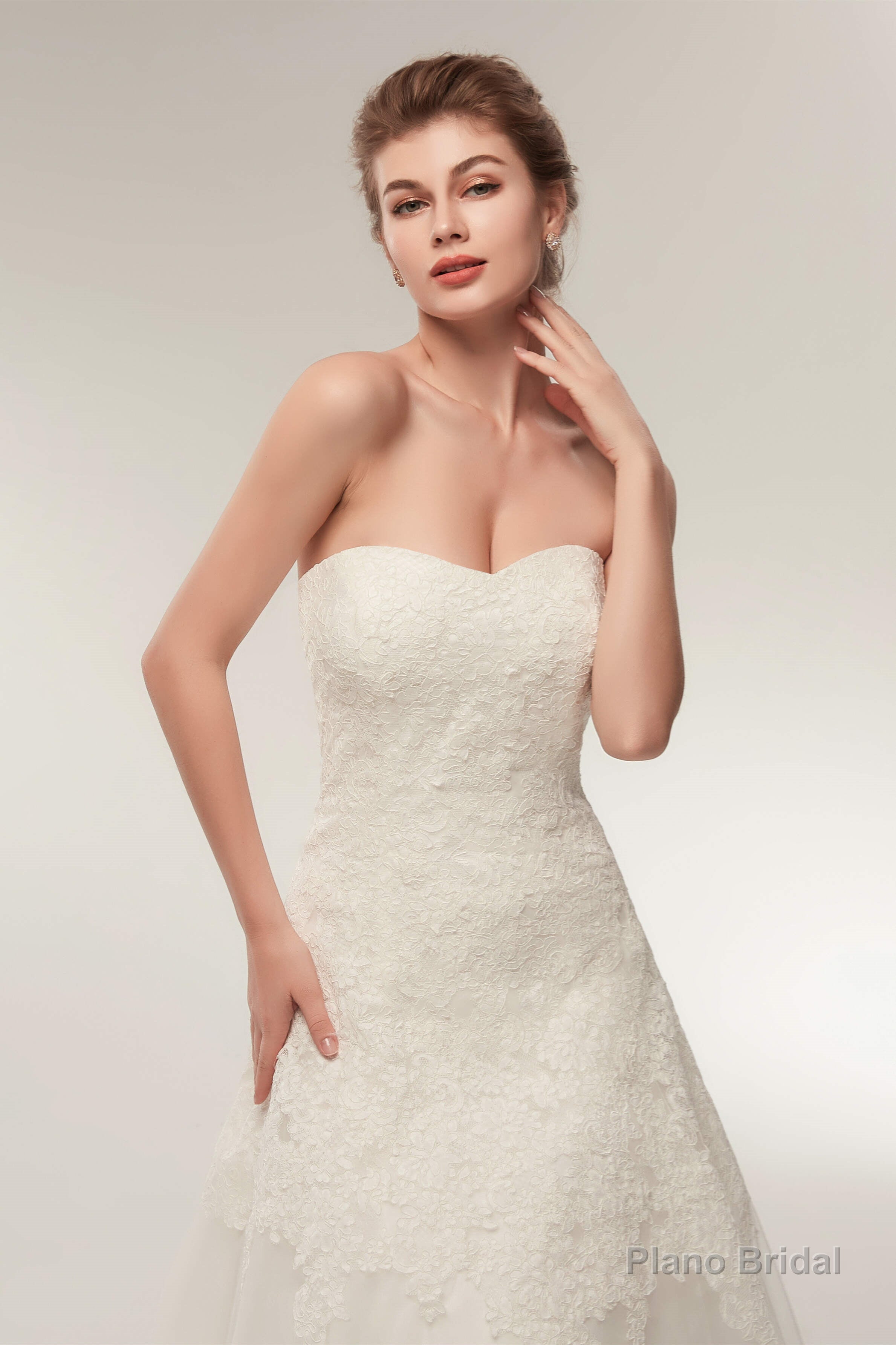 A Line Strapless Ivory Lace Floor Length Wedding Dresses