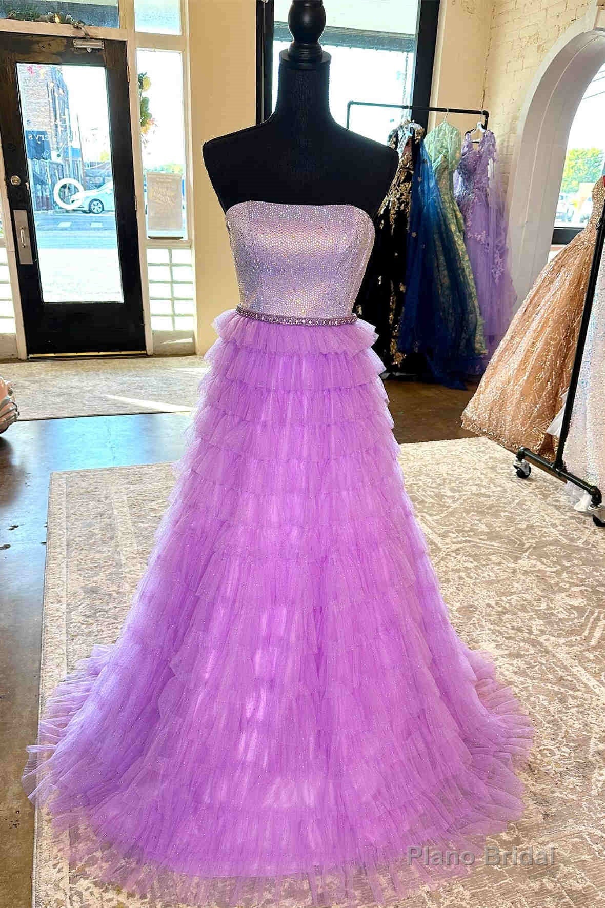 A-Line Strapless Lilac Layered Long Prom Dress with Rhinestones Main image