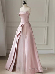 A Line Strapless Pink Party Dresses Long Satin Formal Prom Dresses