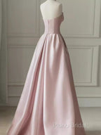 A Line Strapless Pink Party Dresses Long Satin Formal Prom Dresses