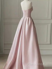 A Line Strapless Pink Party Dresses Long Satin Formal Prom Dresses