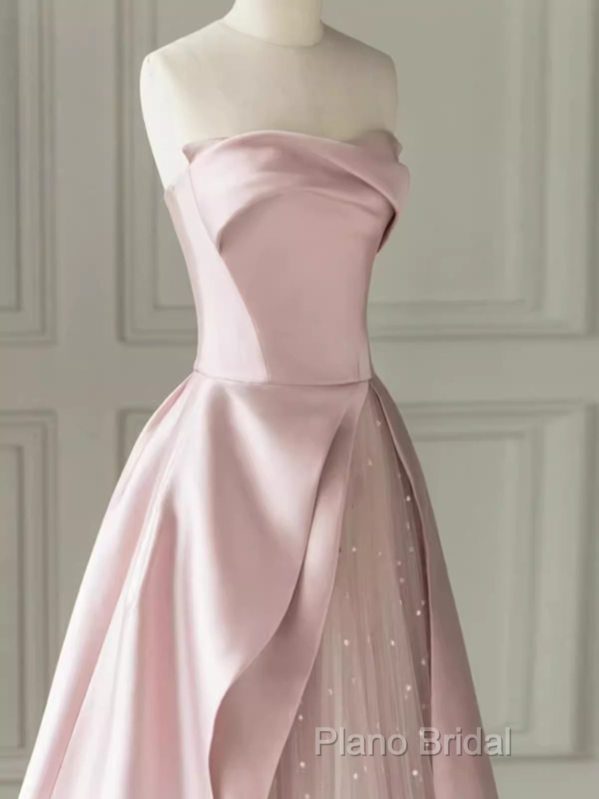 A Line Strapless Pink Party Dresses Long Satin Formal Prom Dresses