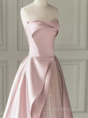 A Line Strapless Pink Party Dresses Long Satin Formal Prom Dresses