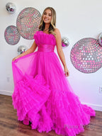 A-Line Strapless Pink Tiered Long Tulle Prom Dress