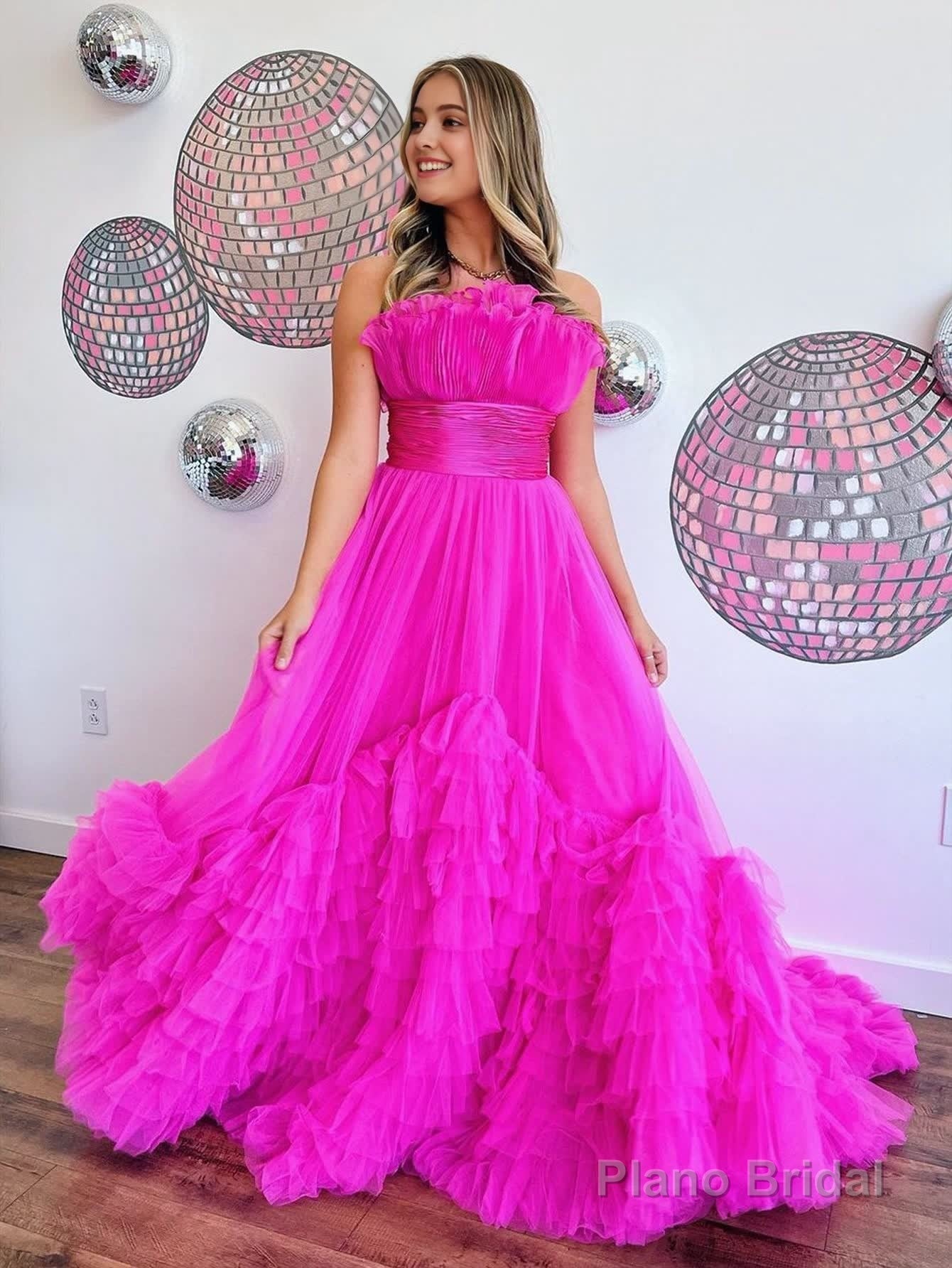 A-Line Strapless Pink Tiered Long Tulle Prom Dress Main image