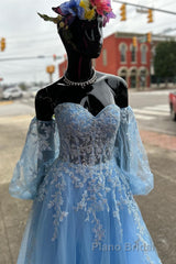 A-line Strapless Puff Long Sleeves Beaded Appliques Long Formal Prom Dresses