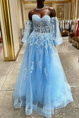 A-line Strapless Puff Long Sleeves Beaded Appliques Long Formal Prom Dresses