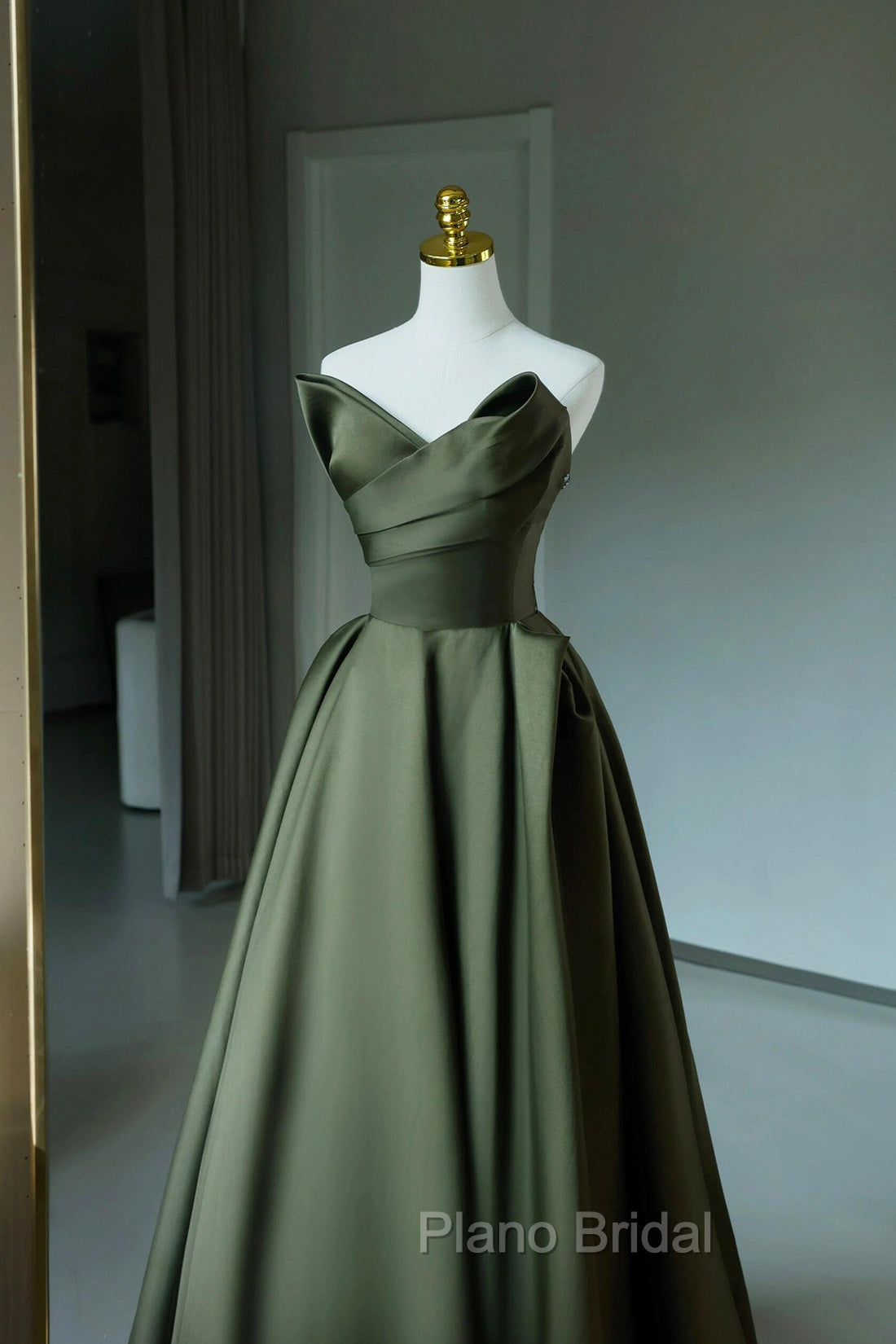 A-Line Strapless Satin Long Formal Prom Dresses, Dark Green Evening Party Dresses