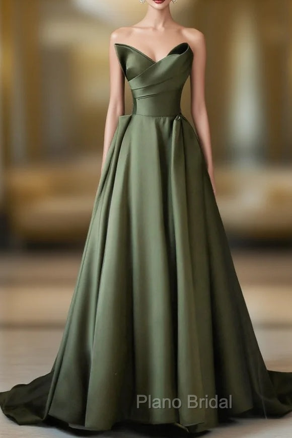 A-Line Strapless Satin Long Formal Prom Dresses, Dark Green Evening Party Dresses Main image