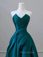 A-Line Strapless Satin Peacock Blue Long Formal Prom Dresses, Simple Peacock Blue Evening Dresses