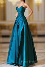 A-Line Strapless Satin Peacock Blue Long Formal Prom Dresses, Simple Peacock Blue Evening Dresses