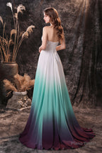 A Line Strapless Sleeveless Appliques Ombre Silk Like Satin Sweep Train Prom Dresses
