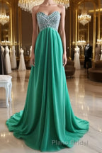 A-Line Strapless Sweetheart Neck Green Chiffon Long Formal Prom Dresses, Green Evening Dresses