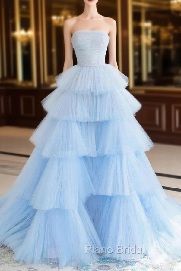 A line Strapless Tiered Tulle Formal Prom Dresses Main image