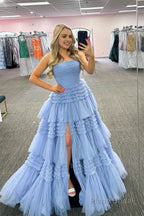A-Line Strapless Tulle Long Prom Dress with Tiered Ruffles