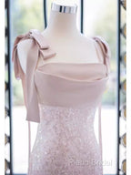 A Line Straps Pink Satin Long Formal Prom Dresses