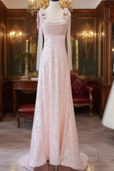 A Line Straps Pink Satin Long Formal Prom Dresses