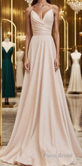 A-Line Straps Ruched Long Bridesmaid Dresses Prom Dresses