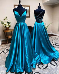 A Line Stretch Satin Emerald Green Formal Prom Dresses Spaghetti Straps V Neck Dresses