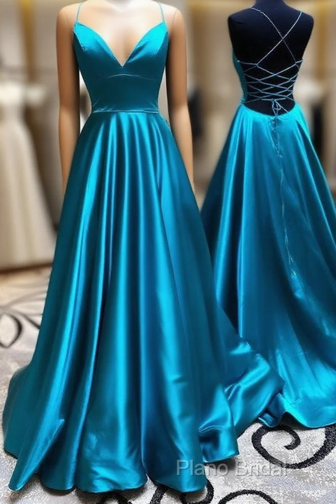 A Line Stretch Satin Emerald Green Formal Prom Dresses Spaghetti Straps V Neck Dresses