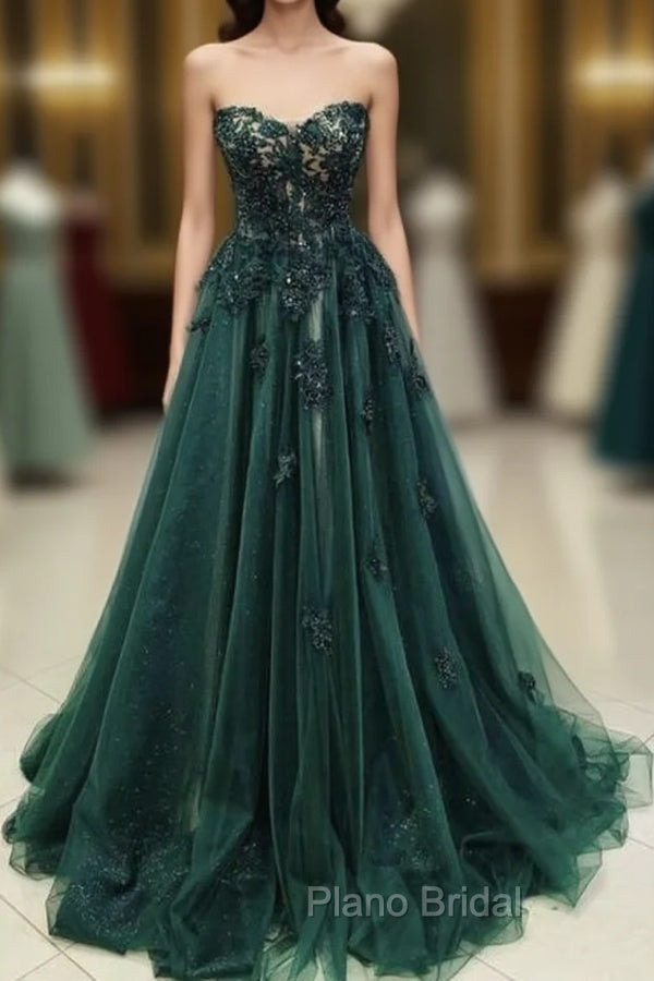 A Line Sweetheart Green Lace Long Formal Prom Dresses