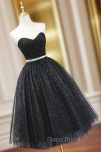 A-Line Sweetheart Neck Black Short Formal Prom Dresses, Black Formal Evening Dresses