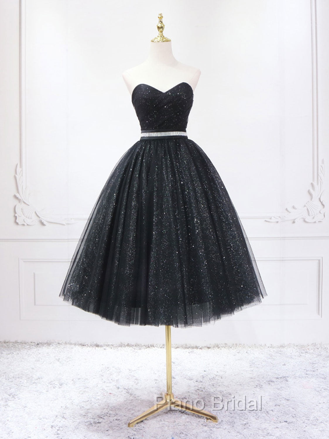 A-Line Sweetheart Neck Black Short Formal Prom Dresses, Black Formal Evening Dresses