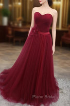 A-Line Sweetheart Neck Burgundy Long Formal Prom Dresses, Burgundy Bridesmaid Dresses