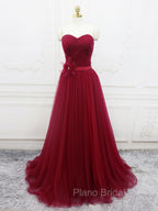 A-Line Sweetheart Neck Burgundy Long Formal Prom Dresses, Burgundy Bridesmaid Dresses