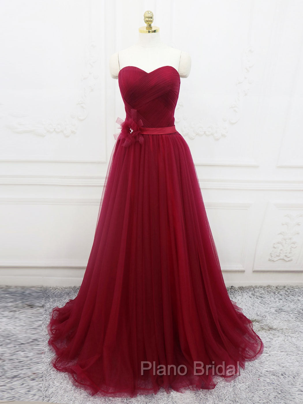A-Line Sweetheart Neck Burgundy Long Formal Prom Dresses, Burgundy Bridesmaid Dresses