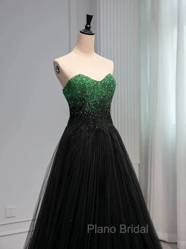 A Line Sweetheart Neck Green Beads Black Tulle Long Formal Prom Dresses Evening Dresses