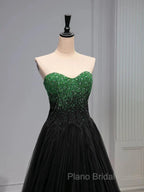 A Line Sweetheart Neck Green Beads Black Tulle Long Formal Prom Dresses Evening Dresses