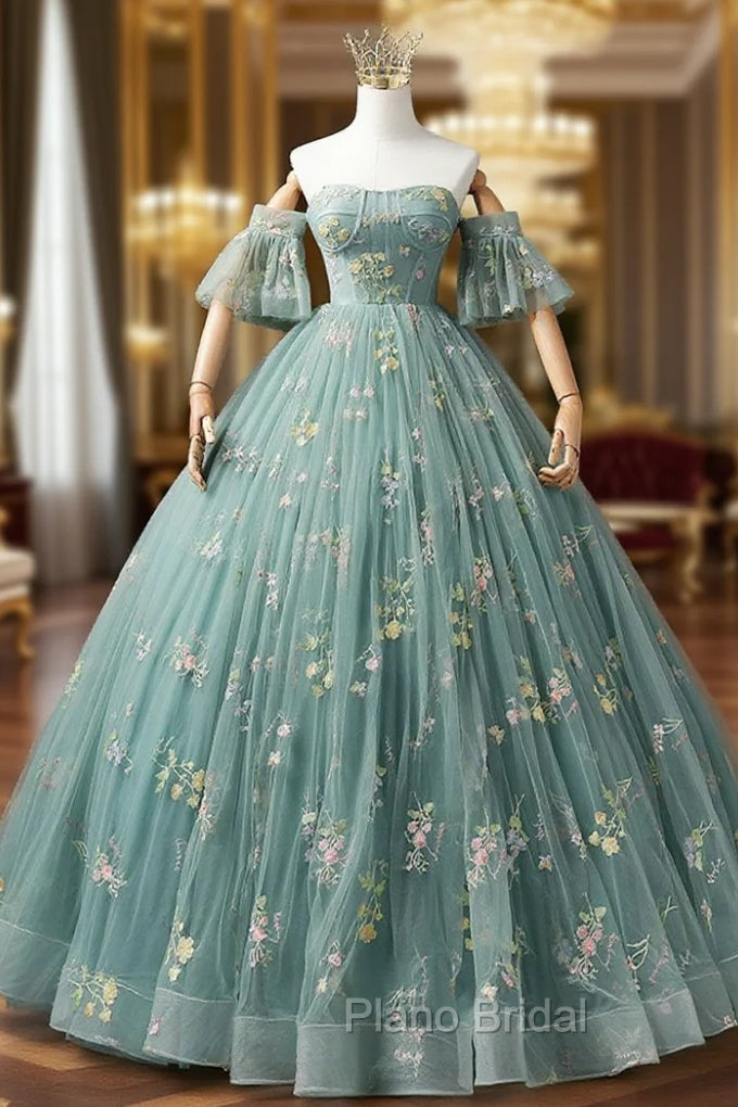 A-Line Sweetheart Neck Green Long Formal Prom Dresses, Green Lace Formal Dresses