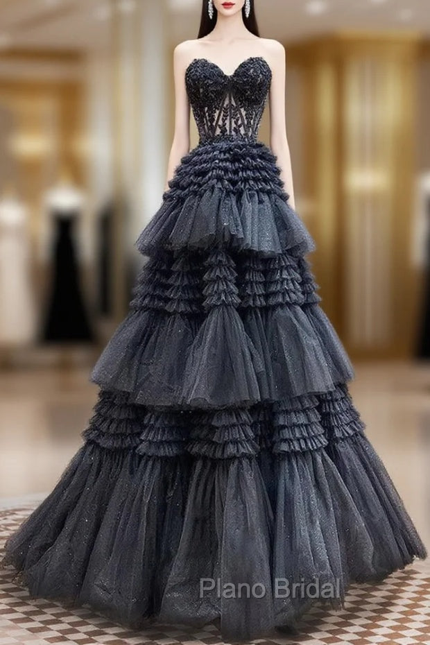 A-Line Sweetheart Neck Lace Black Long Formal Prom Dresses, Black Formal Dresses