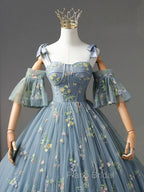 A-Line Sweetheart Neck Lace Gray Blue Long Formal Prom Dresses, Gray Blue Sweet 16 Dresses