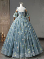 A-Line Sweetheart Neck Lace Gray Blue Long Formal Prom Dresses, Gray Blue Sweet 16 Dresses