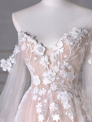 A-Line Sweetheart Neck Long Sleeve Lace Tulle Light Champagne Long Formal Prom Dresses