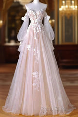 A-Line Sweetheart Neck Long Sleeve Lace Tulle Light Champagne Long Formal Prom Dresses