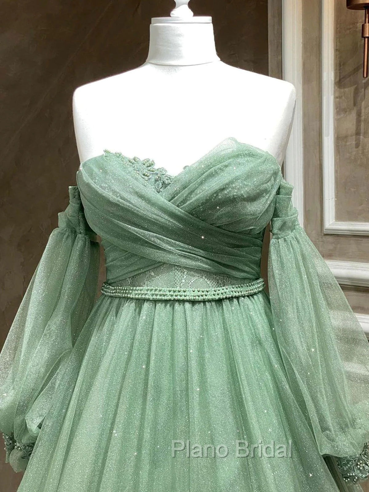 A Line Sweetheart Neck Long Sleeves Green Tulle Long Formal Prom Dresses, Long Green Formal Evening Dresses Secondary image