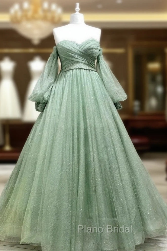 A Line Sweetheart Neck Long Sleeves Green Tulle Long Formal Prom Dresses, Long Green Formal Evening Dresses Main image