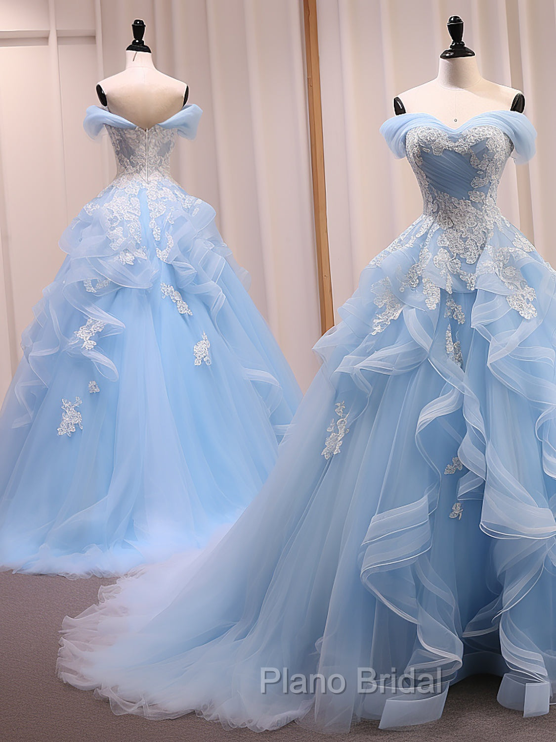 A-Line Sweetheart Neck Off Shoulder Tulle Lace Blue Long Formal Prom Dresses, Blue Sweet 16 Dresses