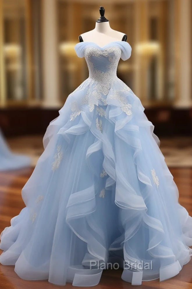 A-Line Sweetheart Neck Off Shoulder Tulle Lace Blue Long Formal Prom Dresses, Blue Sweet 16 Dresses Main image