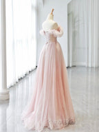 A-Line Sweetheart Neck Off Shoulder Tulle Pink Long Formal Prom Dresses, Pink Long Formal Dresses
