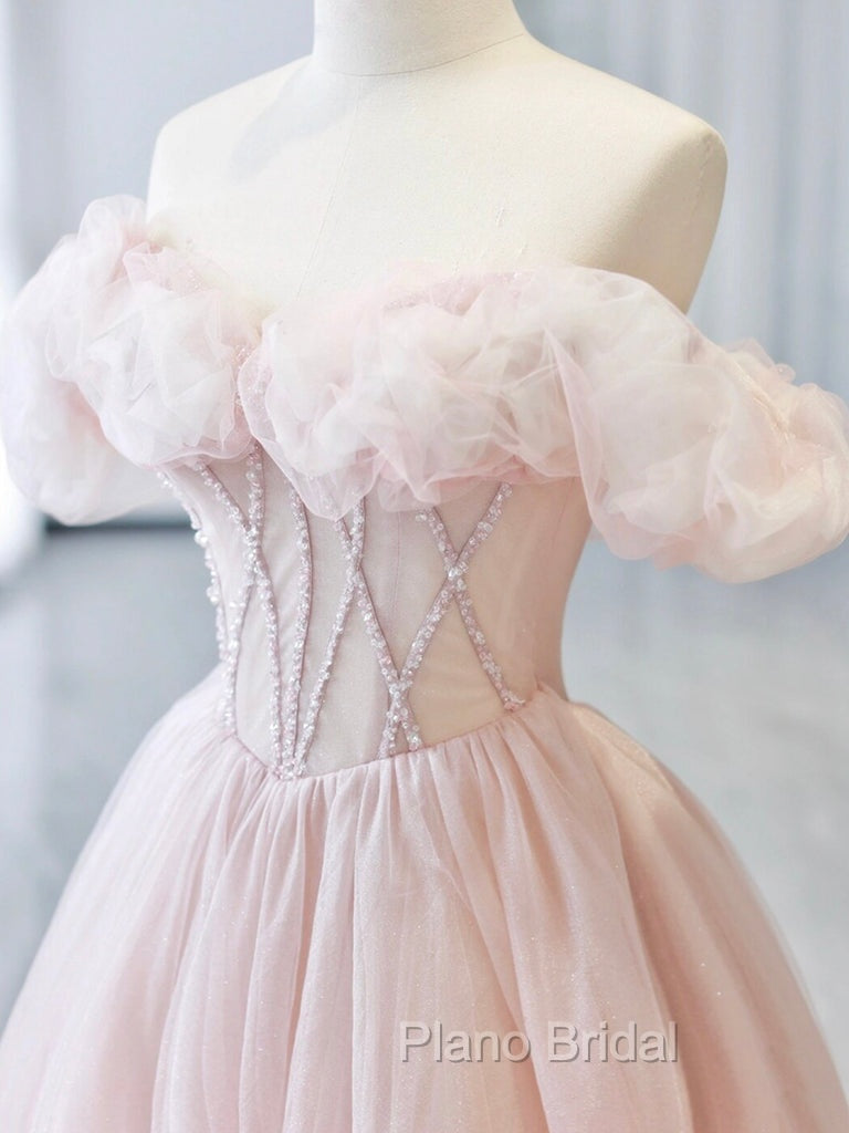 A-Line Sweetheart Neck Off Shoulder Tulle Pink Long Formal Prom Dresses, Pink Long Formal Dresses