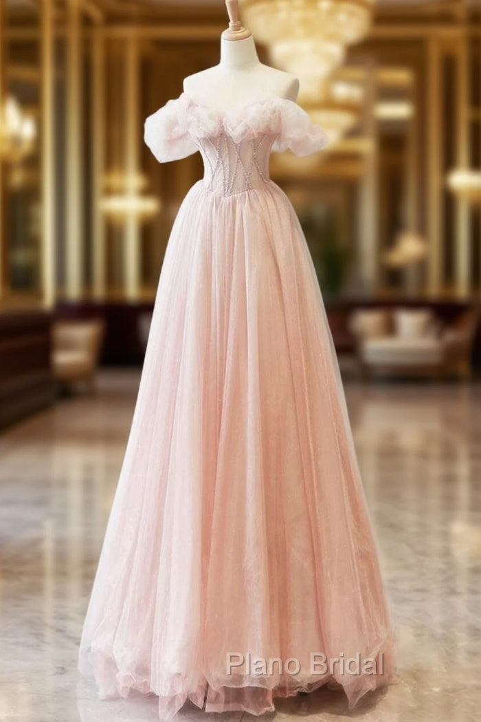 A-Line Sweetheart Neck Off Shoulder Tulle Pink Long Formal Prom Dresses, Pink Long Formal Dresses