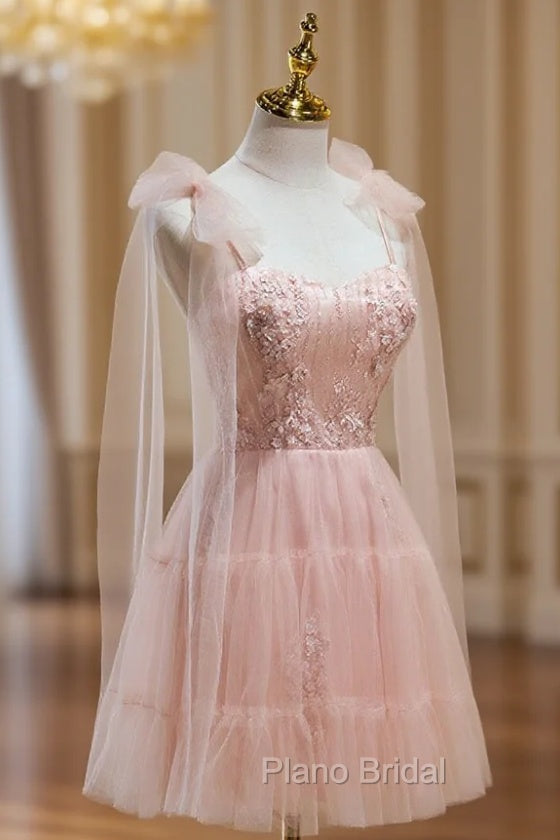 A Line Sweetheart Neck Pink Short Formal Prom Dresses, Formal Puffy Pink Homecoming Dresses with Lace Applique Beading Main image