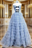 A-Line Sweetheart Neck Polka Dots Tulle Blue Long Formal Prom Dresses, Blue Long Formal Dresses