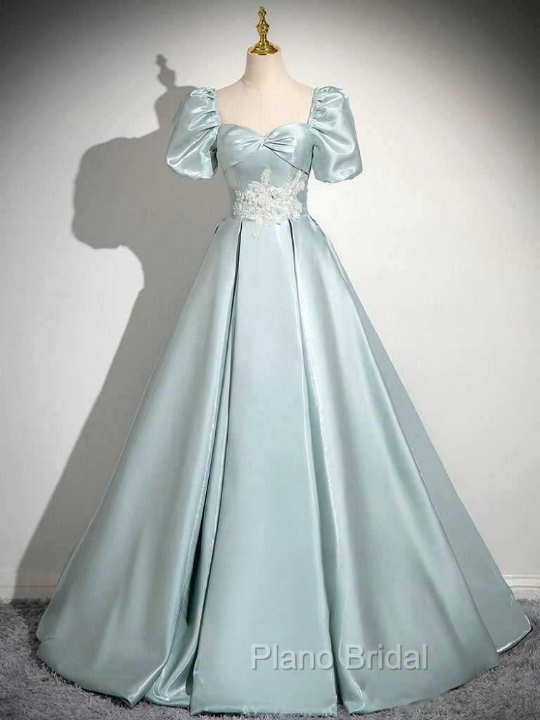 A-Line Sweetheart Neck Puff Sleeves Satin Blue Long Formal Prom Dresses, Blue Long Formal Dresses Secondary image