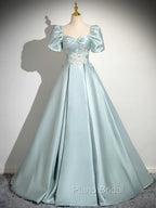 A-Line Sweetheart Neck Puff Sleeves Satin Blue Long Formal Prom Dresses, Blue Long Formal Dresses